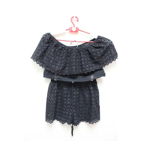 Waimari Black Sheer Eyelet Embroidered Short Crop Top 2 PC Set Size Small